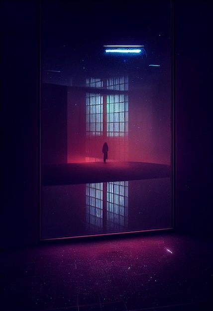 Purple light shining through a window with person standing generative ai