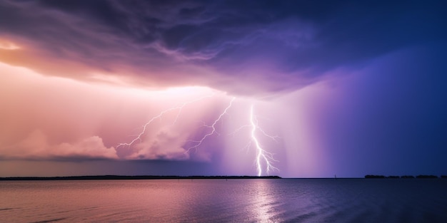 A purple lightning storm with a purple sky and purple clouds