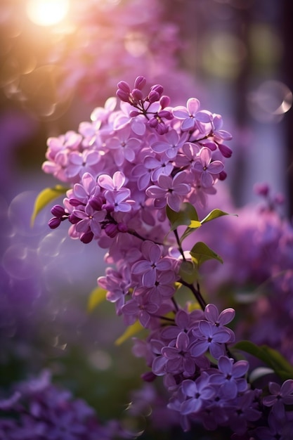 紫の花が花をかせている 太陽が輝く庭で