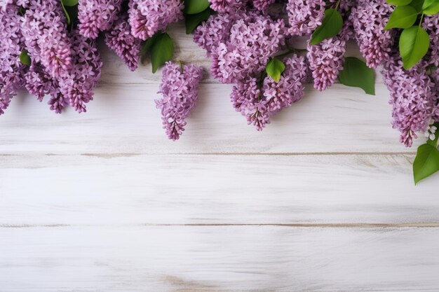 Purple lila flowers on a white wooden background generative ai