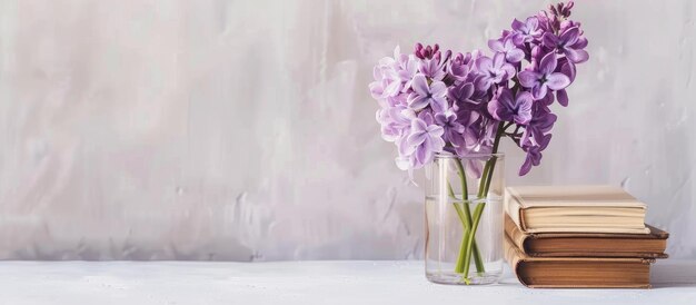 Purple and lilac flowers with books in a glass minimalist decor idea concept