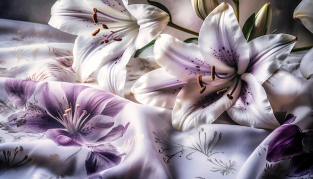 Purple lilies on white cloth with lights