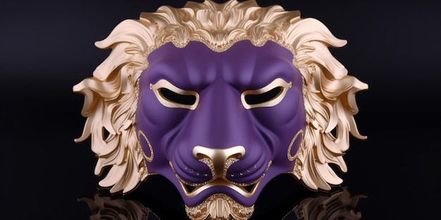 A purple lion mask with gold trim and gold trim