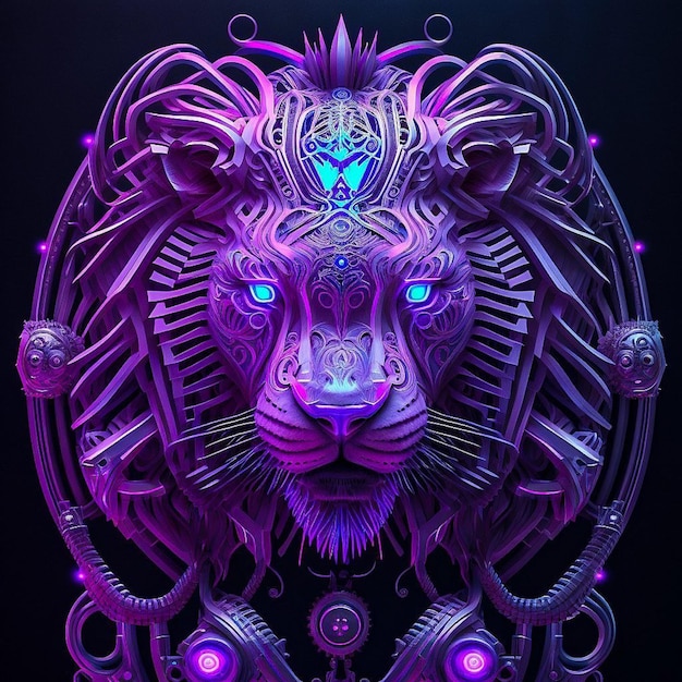 A purple lion with blue eyes and a black background