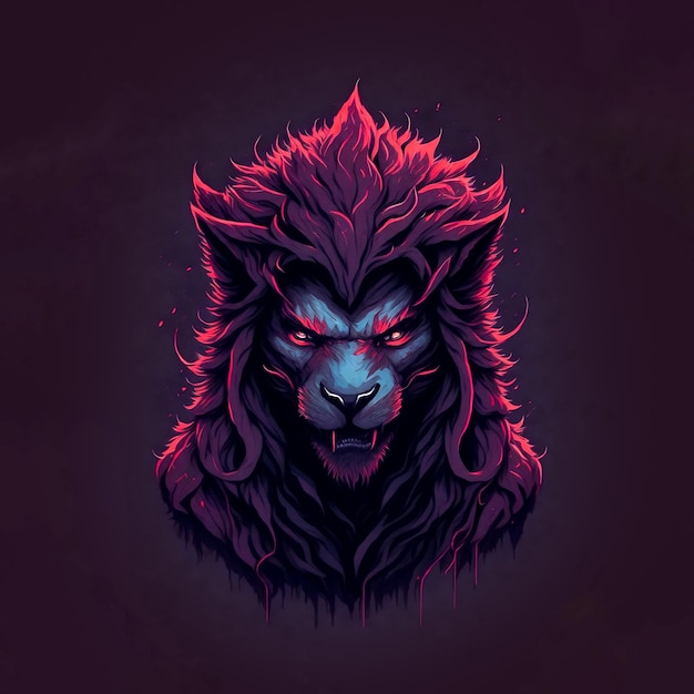 A purple lion with a blue face and red eyes is on a dark background.