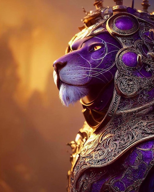 A purple lion with a golden crown and a gold crown