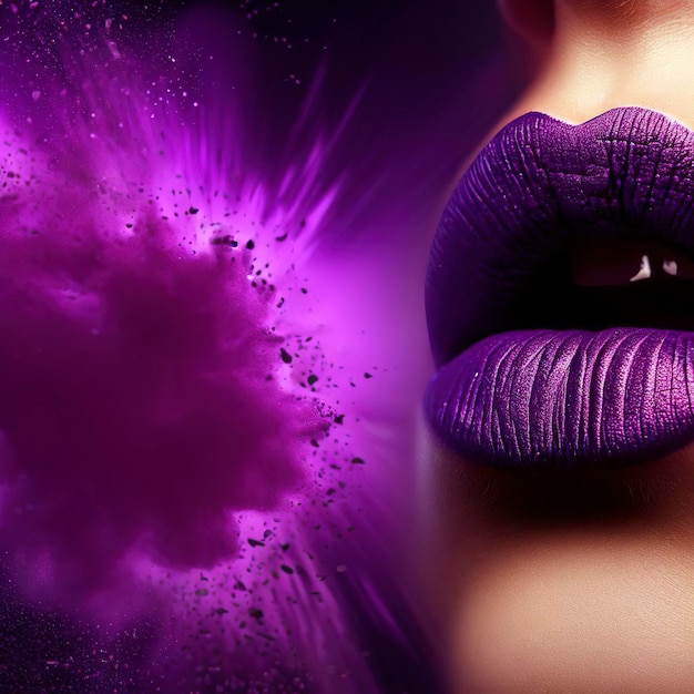 Purple lipstick and powerful explosion of purple dust in the background