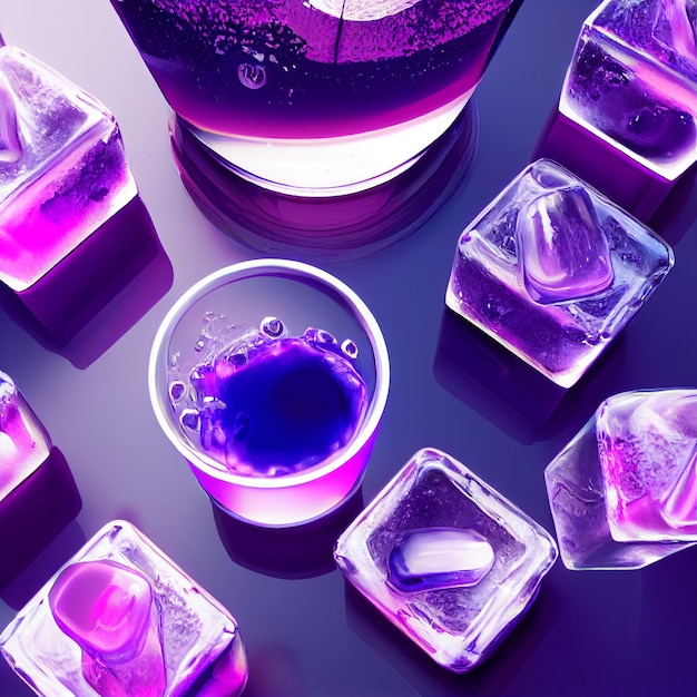 A purple liquid is in between ice cubes and a bottle of liquid.