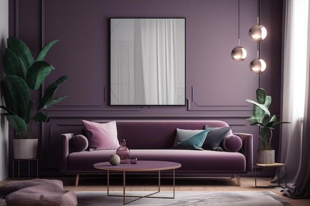 A purple living room with a purple sofa and a coffee table.
