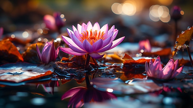 Photo a purple lotus flower in pond blur background