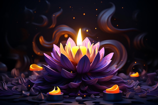 purple lotus flower with burning candle on dark background