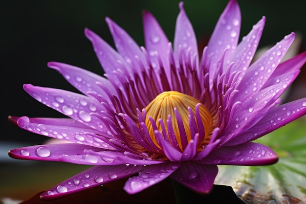 花びらや葉に水滴がついた紫の蓮