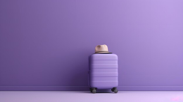 Purple luggage and hat travel concept background copy space 3drendering travel concept minimal style