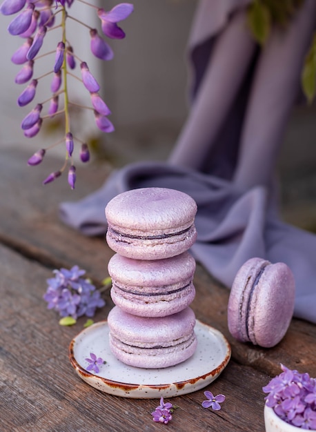 Purple macarons in flowers