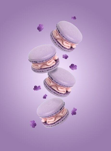 Purple macarons levitate on a purple background