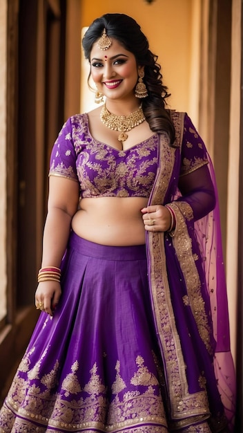Фото Индийская невеста элегантно украшает роскошную фиолетовую лехенгу изысканными свадебными аксессуарами.