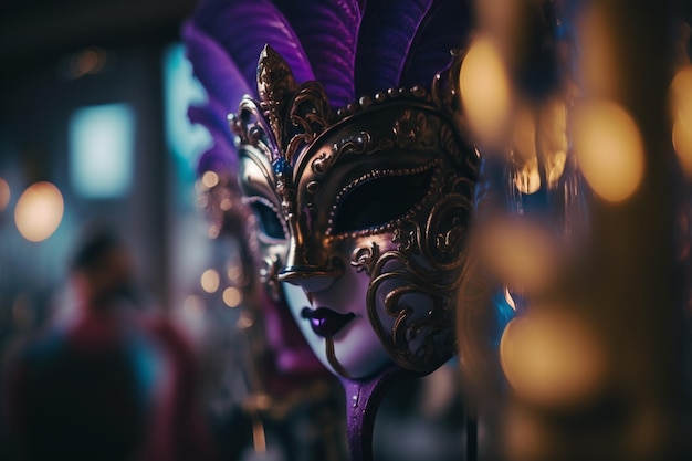 A purple mardi gras mask hangs on a wall.