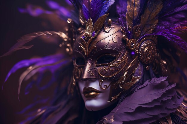 purple mask with gold elements and beautiful colored feathers with design for brazil carnival