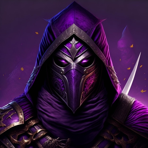 Photo a purple mask with a hood and a sword on it.