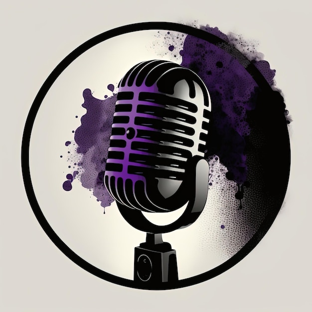 Purple microphone icon in circle, podcast logo, white background. Generative AI