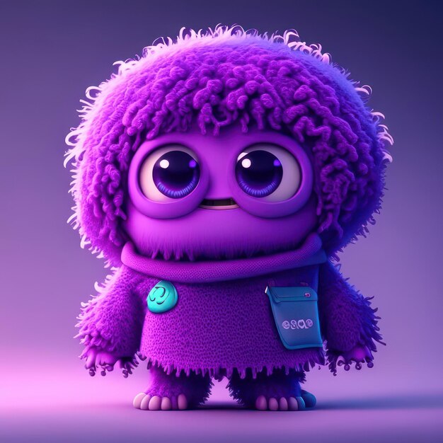 A purple monster with black eyes in green clothes generative ai