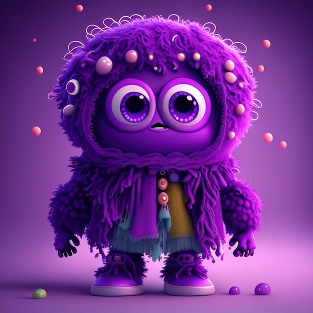 A purple monster with black eyes in green clothes generative ai