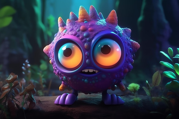 A purple monster with a purple face and purple eyes stands on a rock.