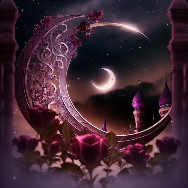 purple moon and flowers in front of a castle with a crescent generative ai