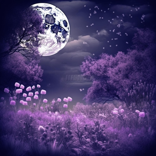 Фиолетовая луна на заднем плане с луной и луной.