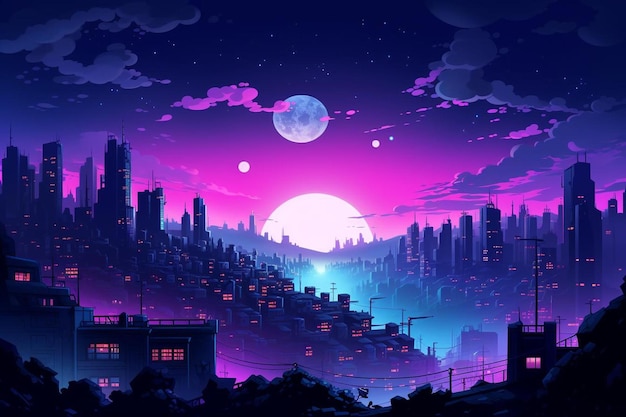 a purple moon is over a city with a purple moon and a city