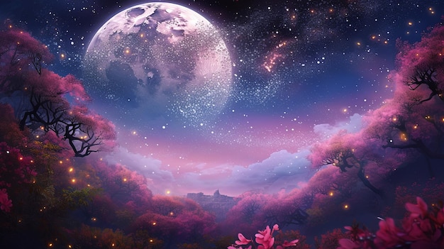 A purple moon and pink flowers with the moon in the background