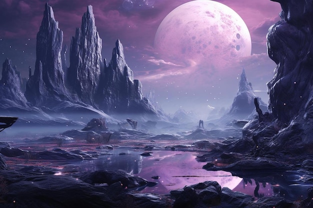 A purple moon over a rocky landscape.