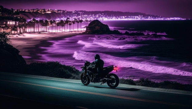 Foto una motocicletta viola è parcheggiata sulla strada in riva all'oceano.