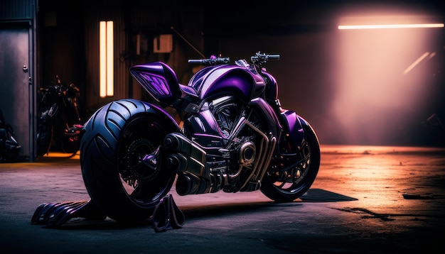 A purple motorcycle with the word harley on the front.