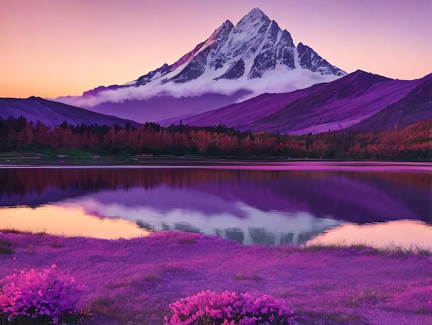 Purple mountain in the background of a lake