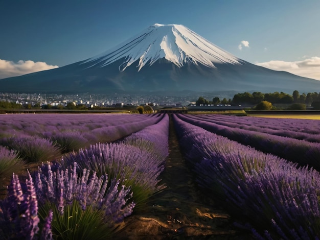 a purple mountain is in the background of a purple field of lavender