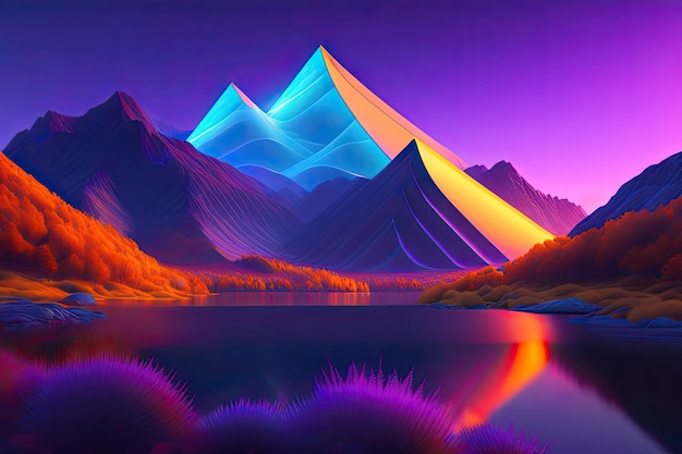 A purple mountain is lit up with a colorful light on it.