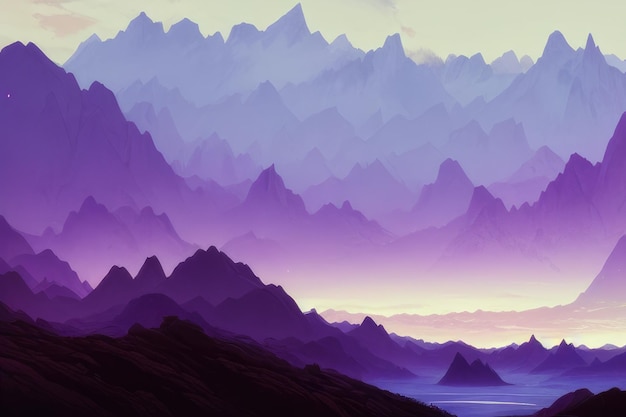 A purple mountain landscape with a mountain range in the background.