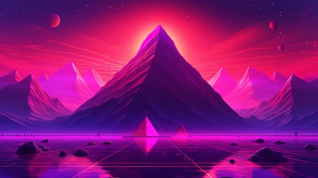 A purple mountain in the water with a purple background.