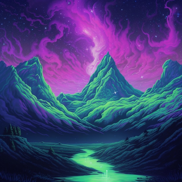 A purple mountain with a green mountain in the background