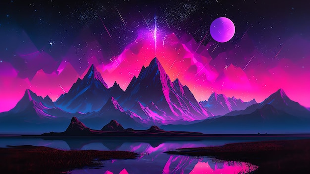 분홍색 별과 보라색 달이 있는 보라색 산