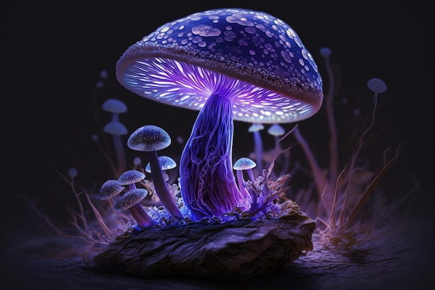 A purple mushroom in the dark with the light shining on it.