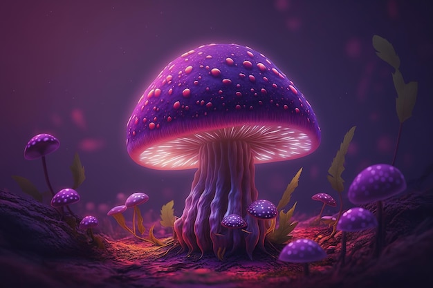A purple mushroom in the dark with the light shining on it.