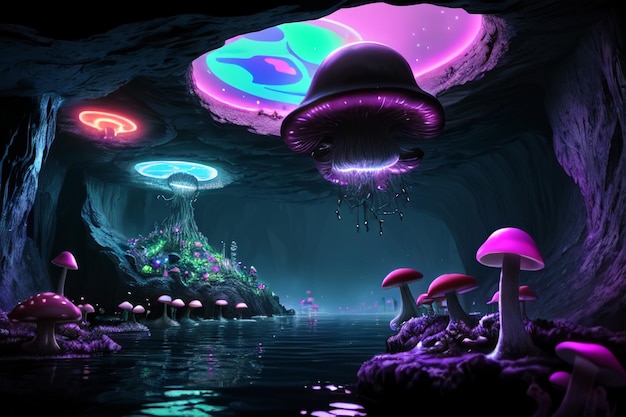 A purple mushroom shaped ceiling with a mushroom shaped ceiling.