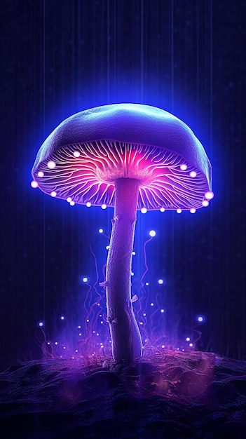 A purple mushroom with a blue light that is lit up.