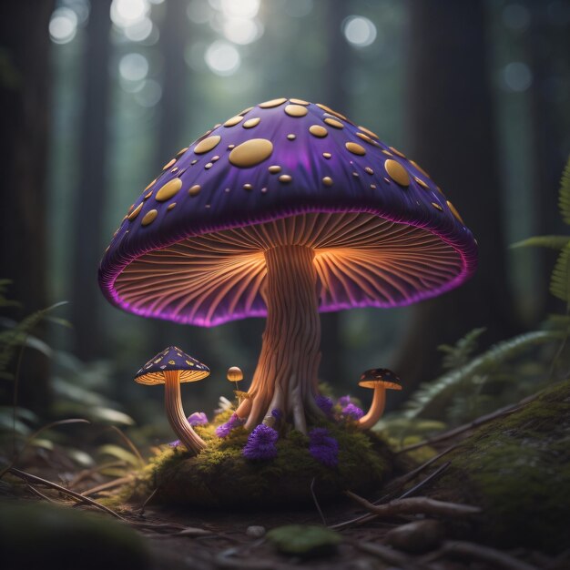 A purple mushroom with a purple cap and a purple cap is in the dark forest