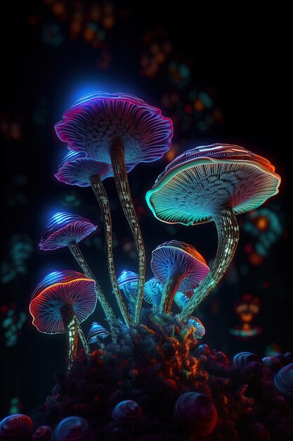 Photo a purple mushroom with purple and orange mushrooms in the middle