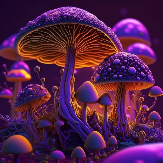 purple mushrooms are glowing in the dark with purple lights generative ai