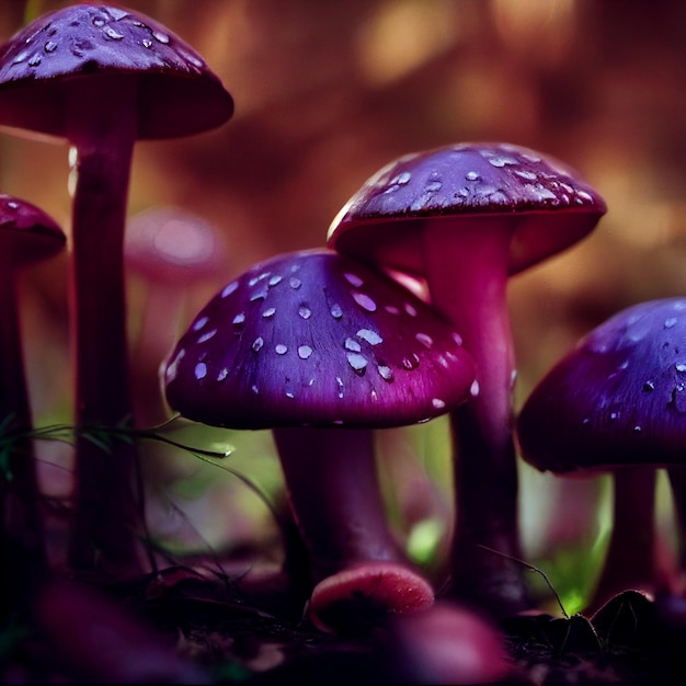 Photo purple mushrooms with water droplets on them in the grass.