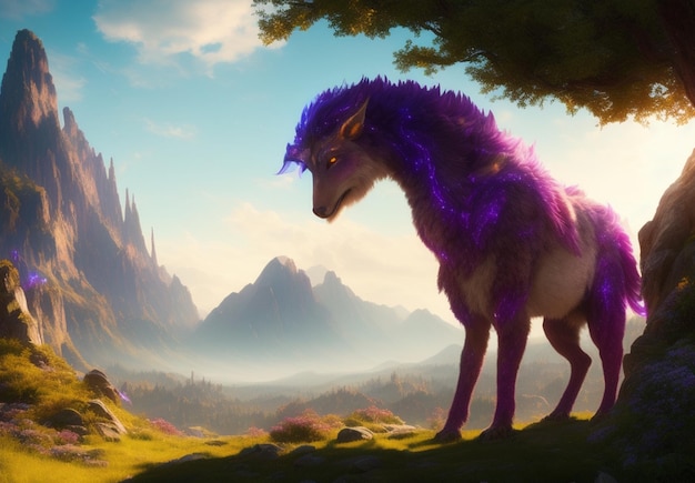 Фиолетовое мифическое существо с фиолетовыми волосами стоит в пейзаже